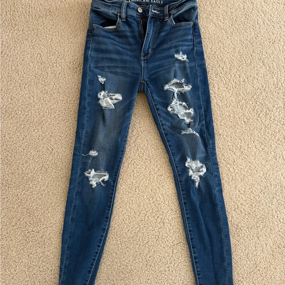 American Eagle Outfitters Women's Dark Blue Ripped Skinny Jeans